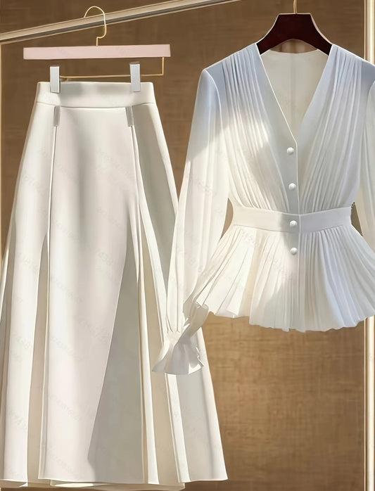 Fashionable Women's French Noble Light Luxury Early Autumn Shirt Skirt Set Waist-Cinched Elegant Two-Piece Ensemble