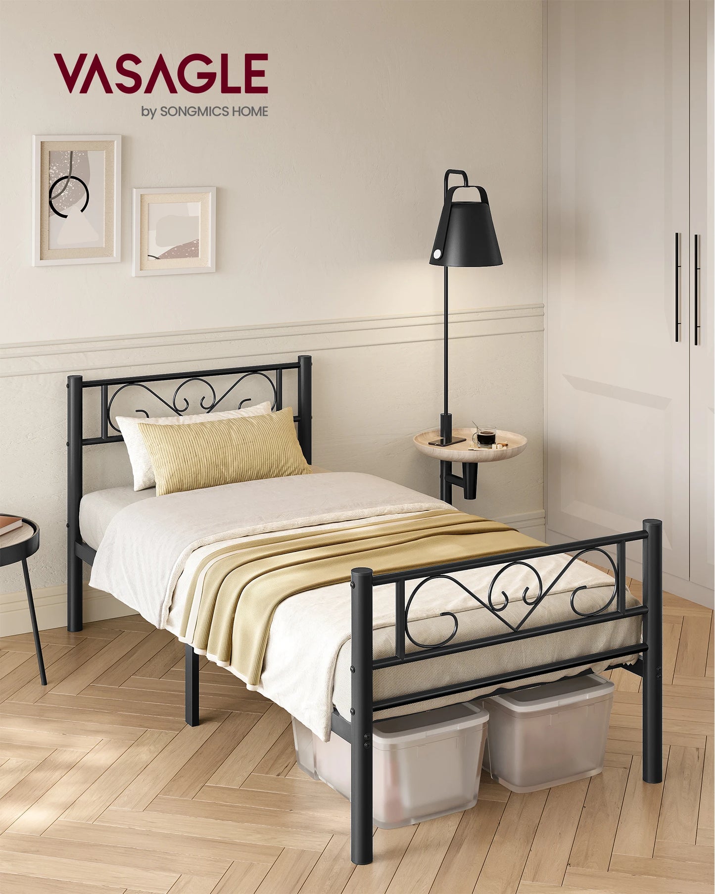 90 x 190 Bed Frame with Metal Base, Single Bed, Metal, Easy Assembly, for Small Spaces, Guest Room, Teen Room, Ink Black/White