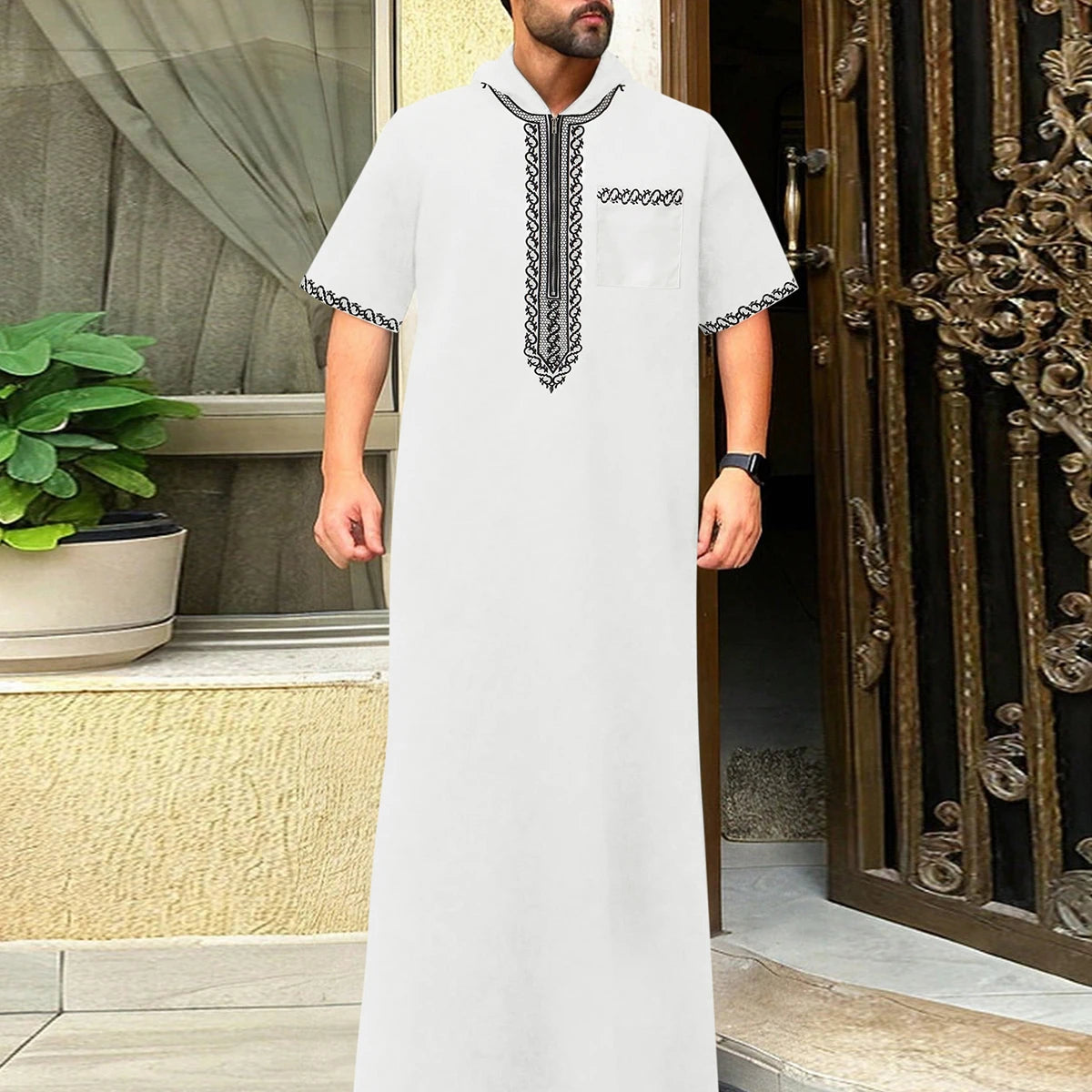 2025Islamic muslim Arabic men's robe long sleeve embroidered stand collar arabian thobe for men