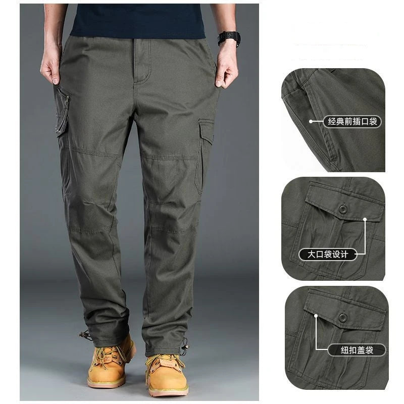 Winter Cargo Fleece Pants Men Thick Warm Straight Trousers Casual Multi Pockets Wear Resistant Baggy Tactical Cotton Work Pants