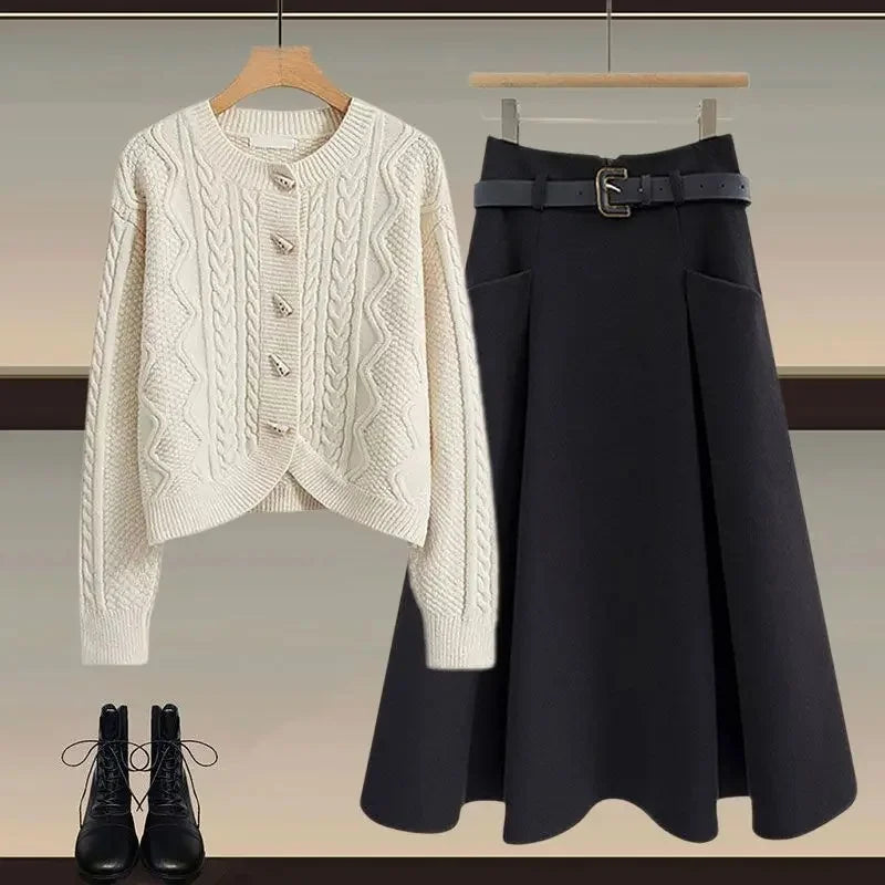 Plus Size Winter Knitted Sweater And Mini Skirt Set for Women Button Design Slimming Top Bottom Piece Outfit Ensemble