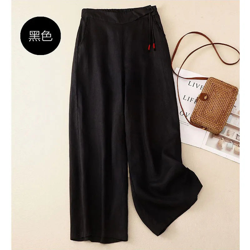 Summer Pants For Women Cotton Linen Large Size Wide Leg Pants Femme Arts Style Elastic Waist Solid Casual Loose Pantalon