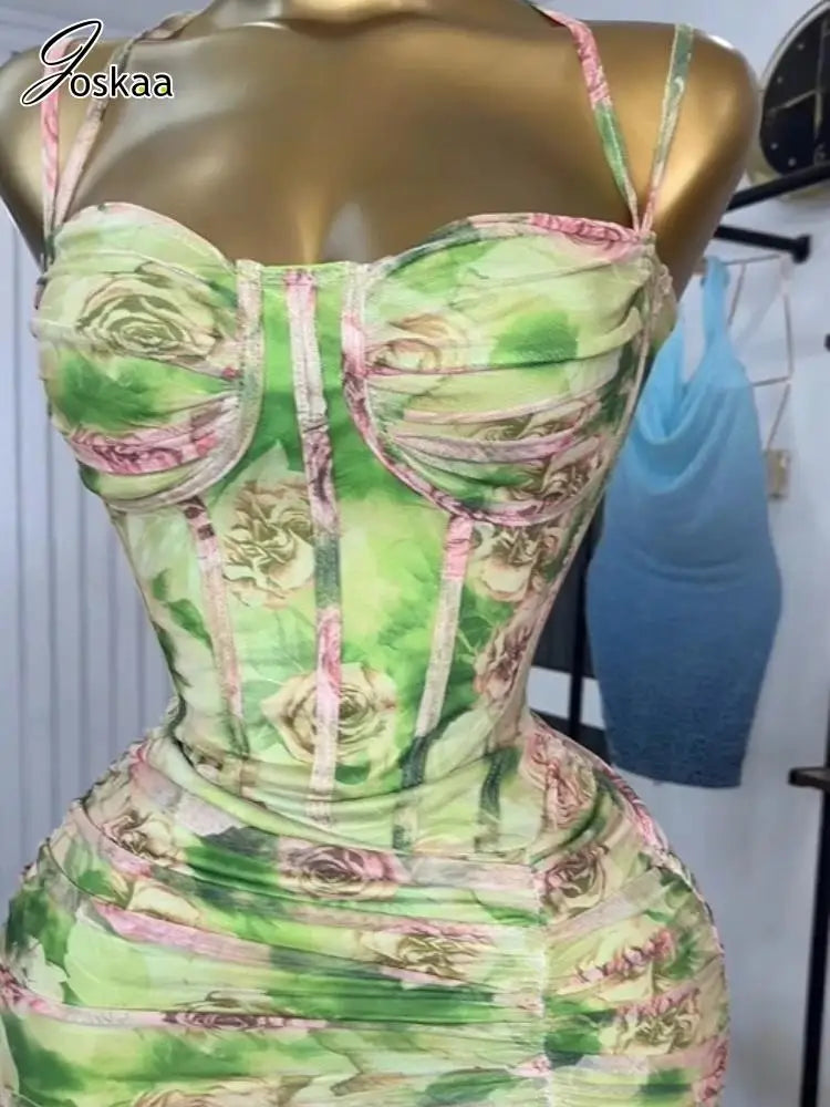 Joskaa 2025 Summer Women's Sexy Floral Print Strap Stacked Ruched High Split Tunic Maxi Long Dress Beach Vacation Y2K Streetwear