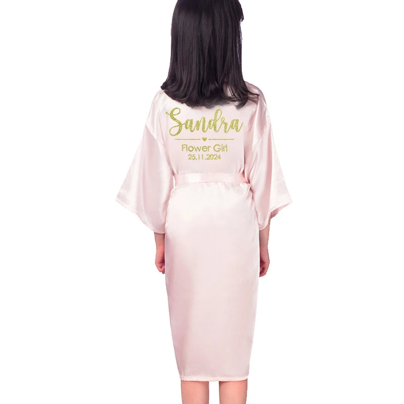 Customize Name Date Flower Girl Kimono Robes Wedding Bathrobes Pajamas Kids robe+belt Nightdress Brial Party Kid Robe