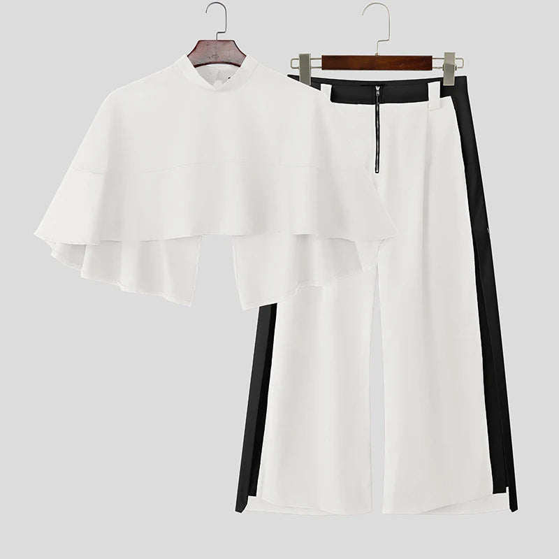 INCERUN Men Sets Patchwork Turtleneck Irregular Crop Shirt Cloak & Wide Leg Pants 2PCS Streetwear Loose Fashion Casual Men Suits
