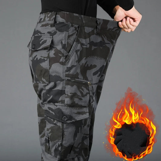 Winter Cargo Fleece Pants Men Thick Warm Straight Trousers Casual Multi Pockets Wear Resistant Baggy Tactical Cotton Work Pants