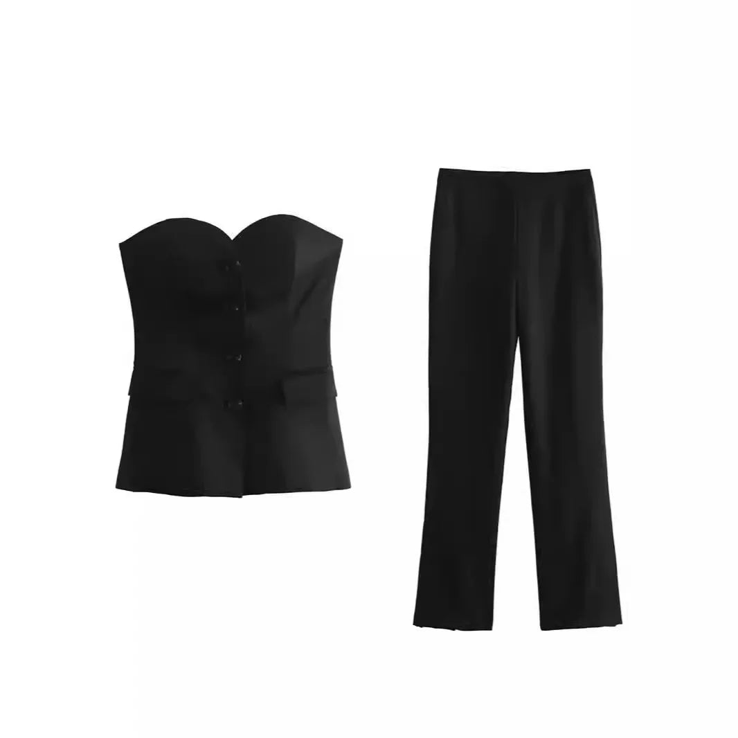 Women 2 Piece Set Strapless Top Sleeveless Straight Pants Outfits Single Breasted Ensemble High Waist Trousers Office Lady Suits