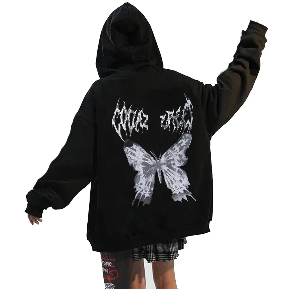 Vintage Butterfly Printed Zipper Hoodies Autumn Winter Women Casual Fashion High Street Long Sleeve Fleece Jacket Hoodies