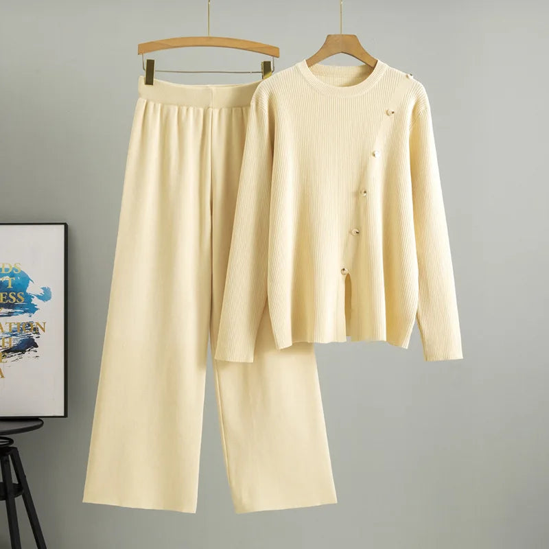 Women Two Piece Set Muslim Knitted Pullover Sweater Wide Leg Pant Casual Knit Outfits Suits Musulman Ensemble Autumn Winter