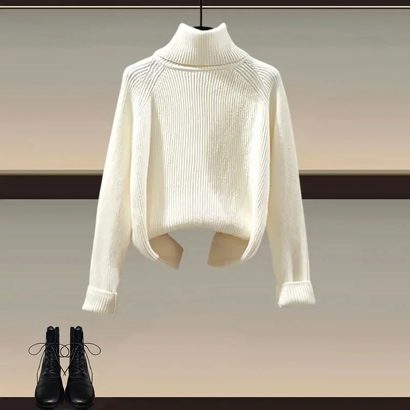 Plus Size Winter Knitted Sweater And Mini Skirt Set for Women Button Design Slimming Top Bottom Piece Outfit Ensemble