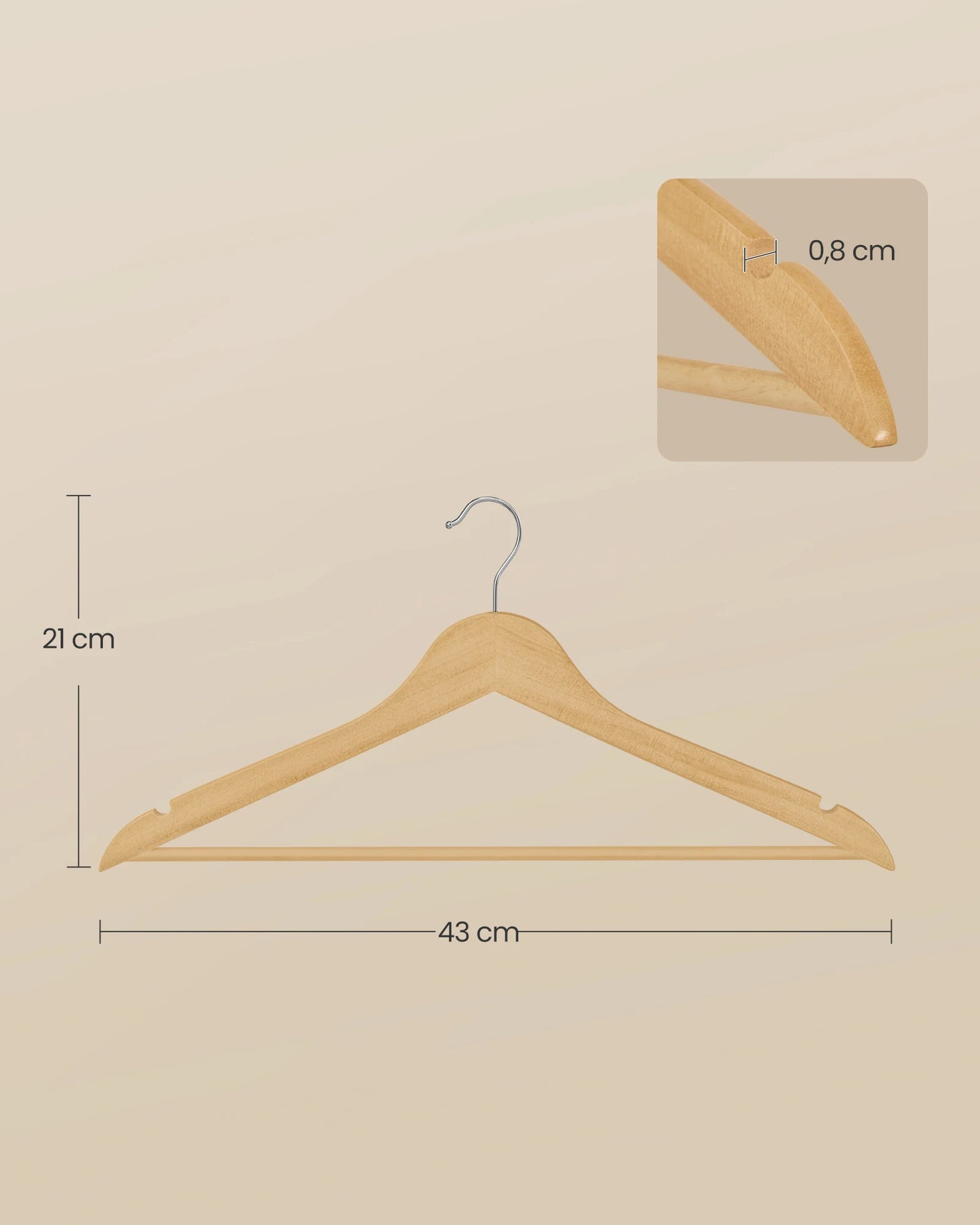 Wooden Hangers, Pack of 20, Slim, Birch Wood, for Strapless Tops, Jackets, Natural