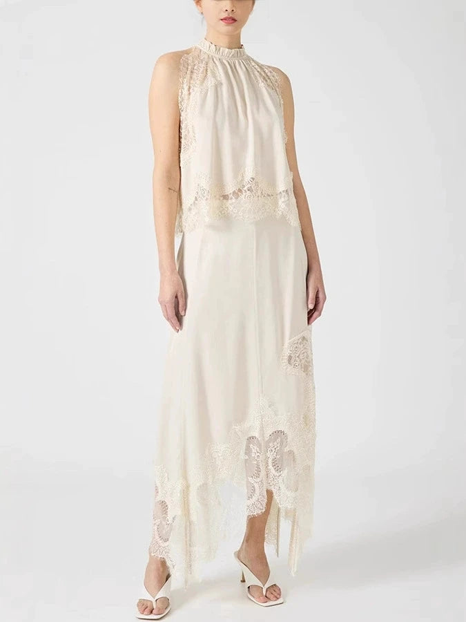 Temperament Solid Color Skirt Two Piece Set Women Lace Patchwork Sleeveless A-line Skirts Irregular Skirts 2 Piece Sets Female