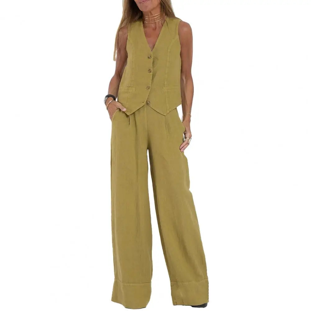 Casual Style Suit Set Fashionable Women's Cotton Linen Suit Sleeveless Vest Wide Leg Pants Set for Office or Casual Wear