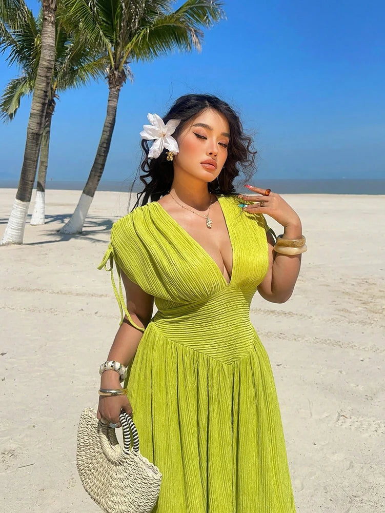 Plus Size Women's Holiday Casual Seaside Bright Waisted Short Sleeve Dress Romantic Holiday Pure Colour Pullover