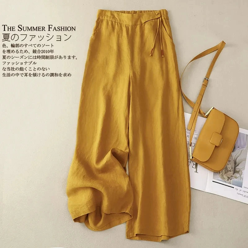 Summer Pants For Women Cotton Linen Large Size Wide Leg Pants Femme Arts Style Elastic Waist Solid Casual Loose Pantalon