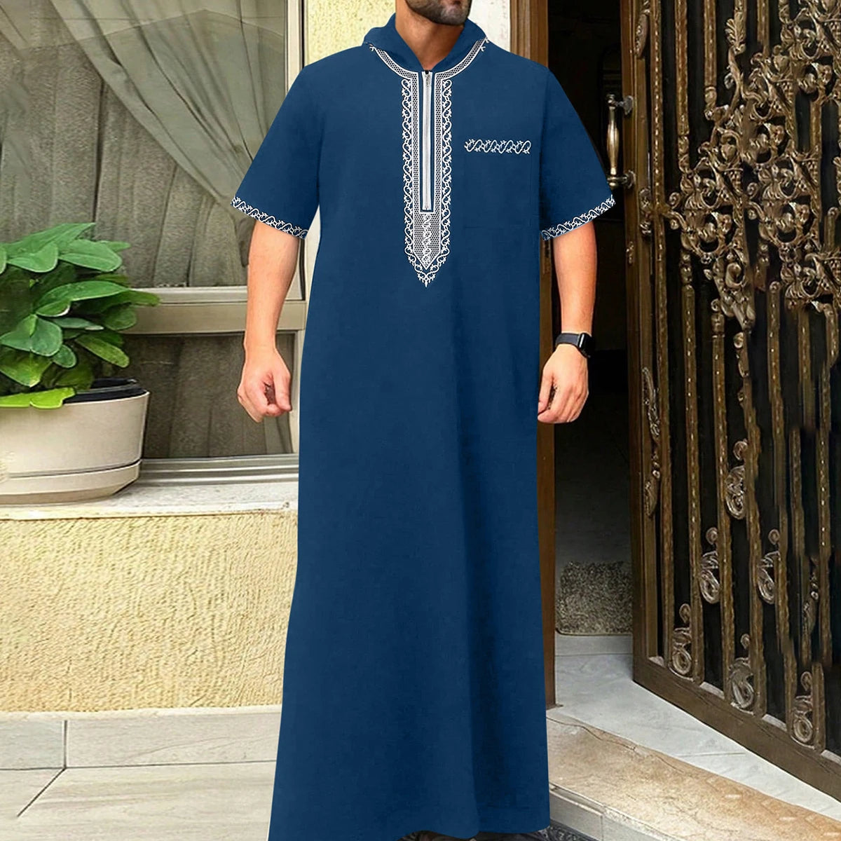2025Islamic muslim Arabic men's robe long sleeve embroidered stand collar arabian thobe for men
