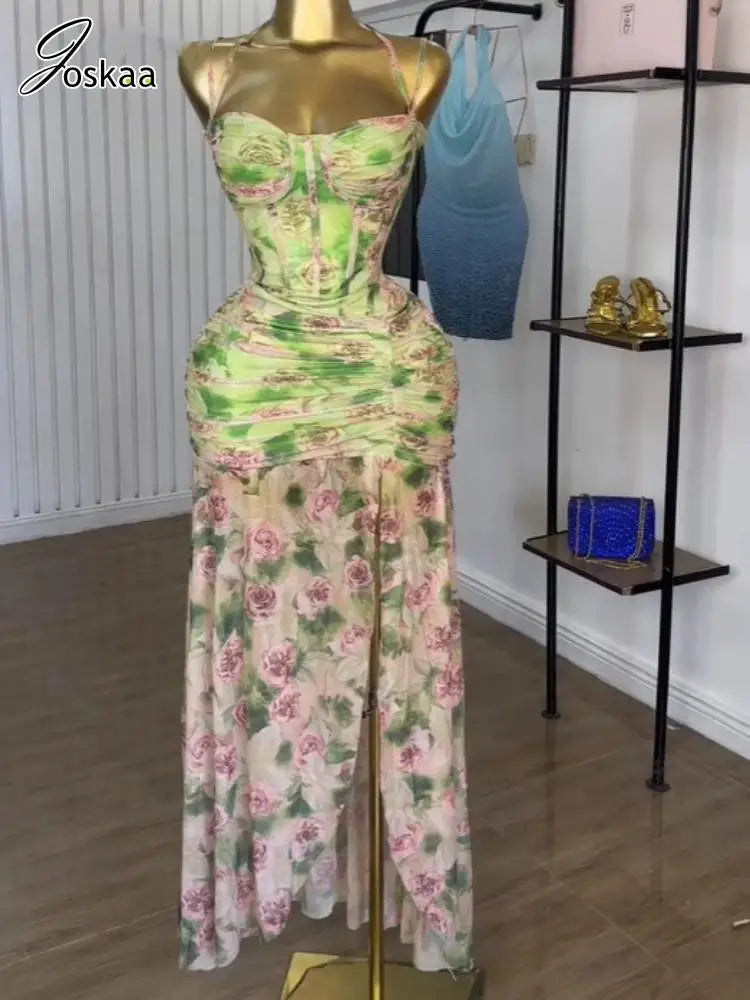 Joskaa 2025 Summer Women's Sexy Floral Print Strap Stacked Ruched High Split Tunic Maxi Long Dress Beach Vacation Y2K Streetwear