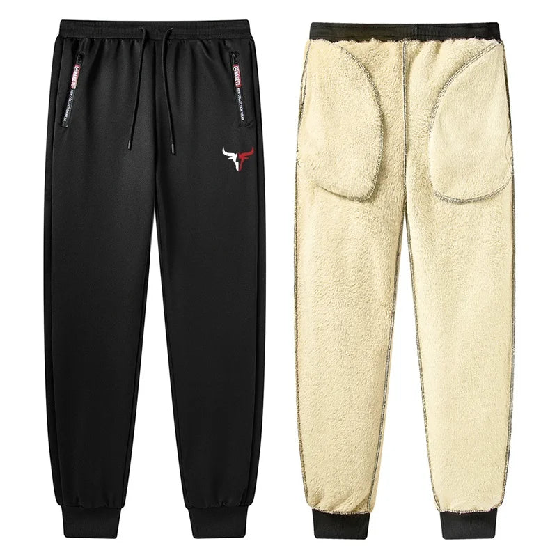 Bull Print Sherpa Fleece Lined Sweatpants for Men Winter Thermal Plush Joggers Pants with Zipper Pockets Casual Cozy Trousers
