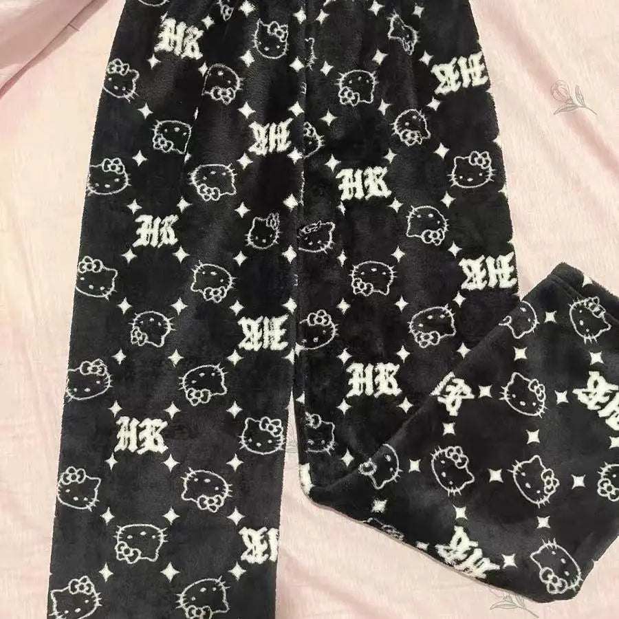 Cartoon Hello Kittys Pajamas Women's Flannel Pajama Pants Autumn and Winter Loose Casual Pant Thicken Warm Leisure Home Clothing