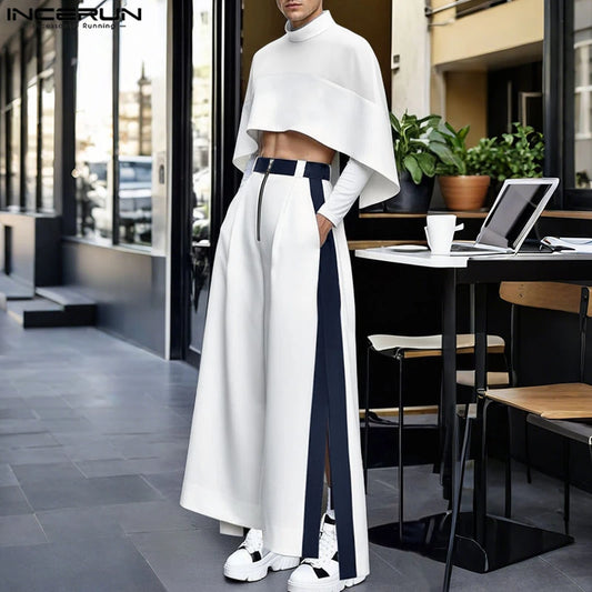 INCERUN Men Sets Patchwork Turtleneck Irregular Crop Shirt Cloak & Wide Leg Pants 2PCS Streetwear Loose Fashion Casual Men Suits