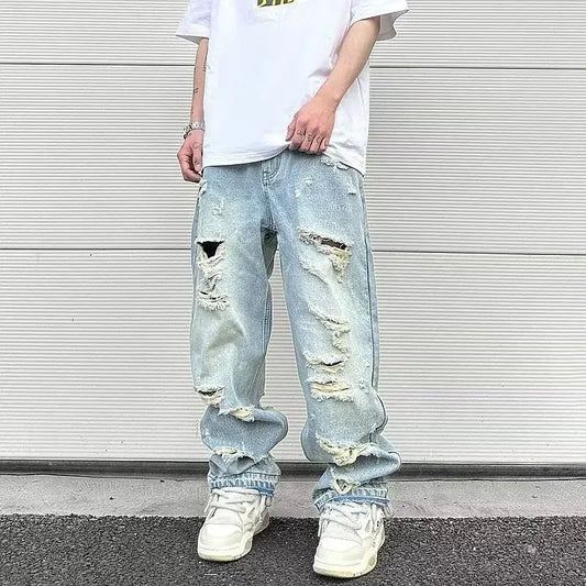 2025 Men's Vintage American Style Distressed Straight-leg Jeans Trendy European American High Street Washing Machine Ripped