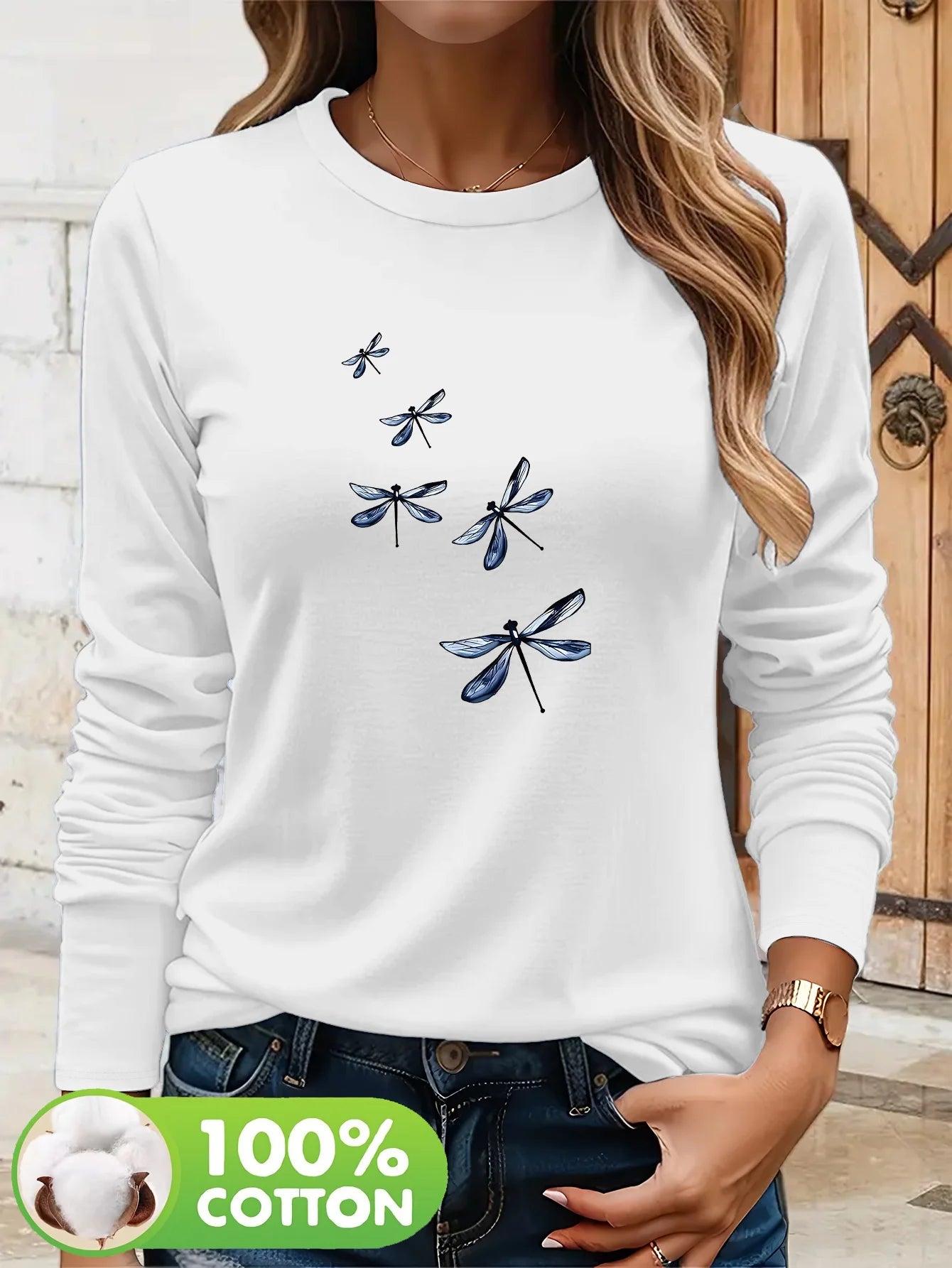 100% Cotton Long Sleeve Dragonfly T-shirt Casual Everyday Chic Pullover All-SeasonTop for Fall Winter Autumn