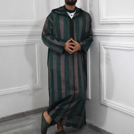 2025 Men's Islamic Arabian Striped Patchwork Hooded Jubba Thobe Zipper Muslim Robe Streetwear Casual Loose Arabian Islamic Robe