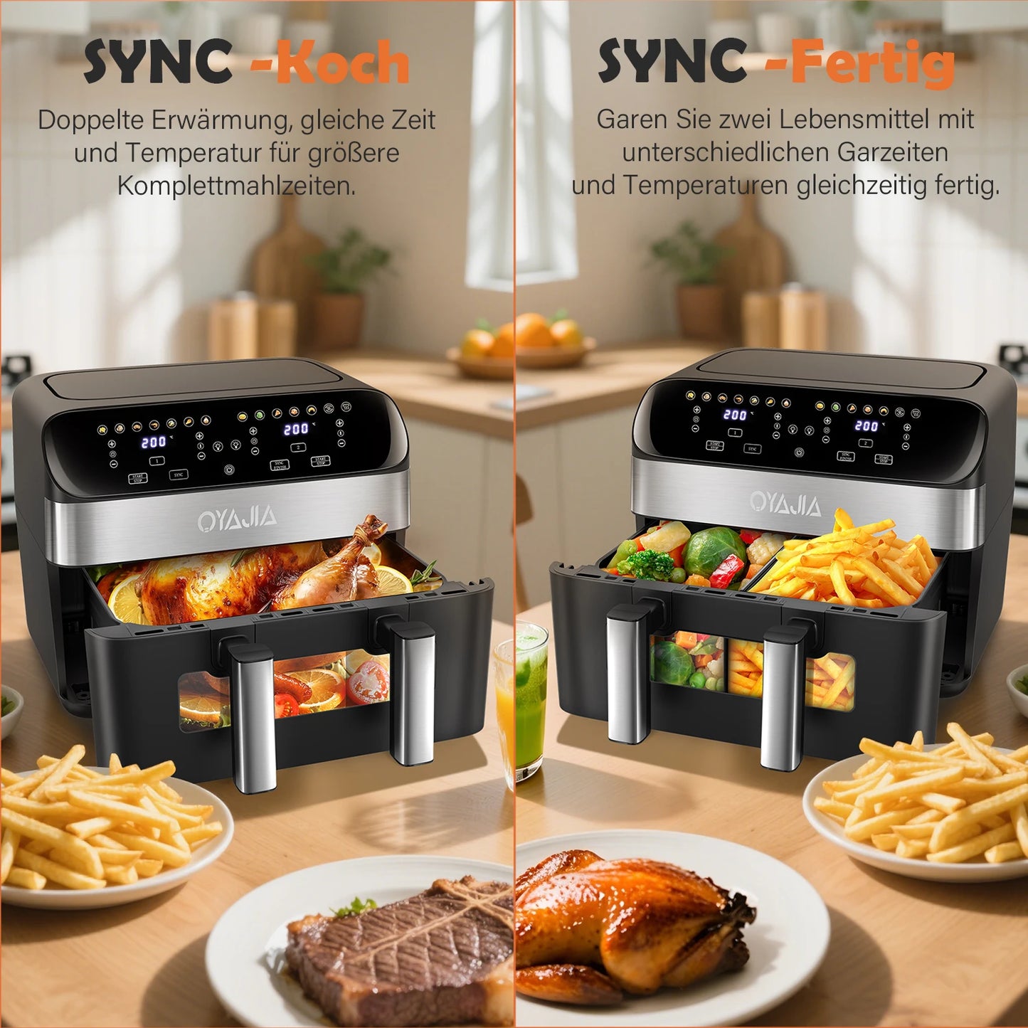 Air Fryer 10 L With Removable Divider, Viewing Window, Digital LED Touch Display, 12 Functions, Hot Air Circulation, 2600 W