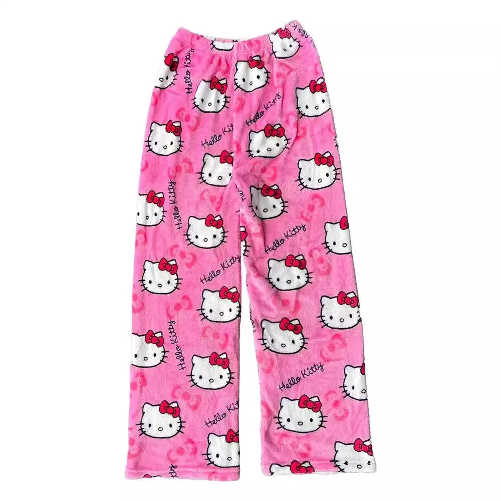 Cartoon Hello Kittys Pajamas Women's Flannel Pajama Pants Autumn and Winter Loose Casual Pant Thicken Warm Leisure Home Clothing