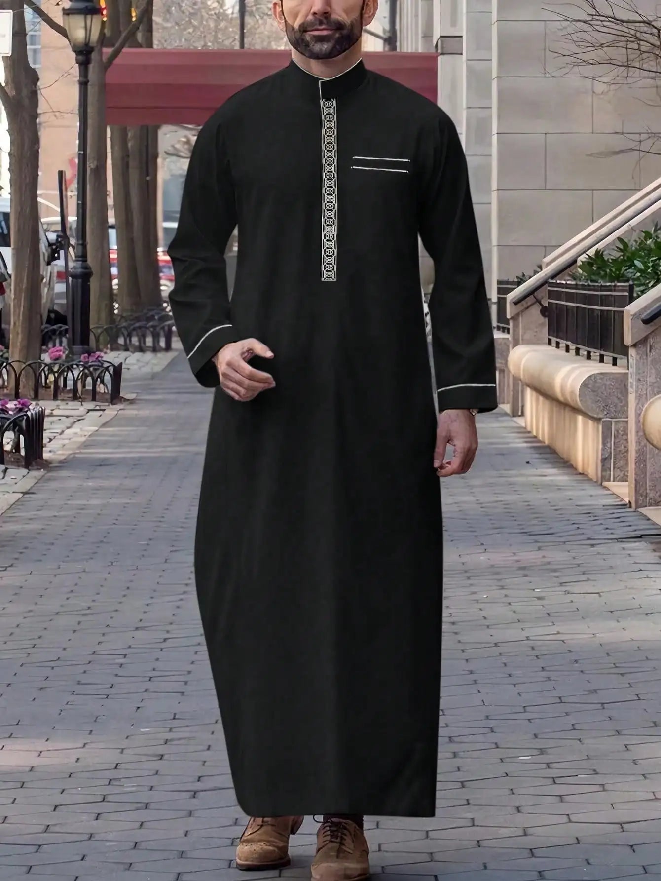 2025Islamic muslim Arabic men's robe long sleeve embroidered stand collar arabian thobe for men