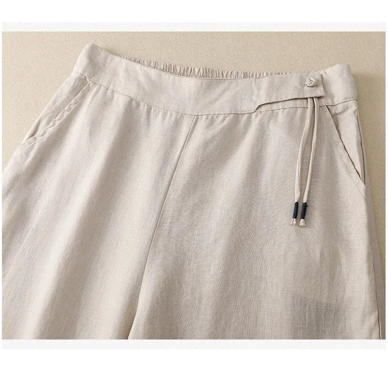 Summer Pants For Women Cotton Linen Large Size Wide Leg Pants Femme Arts Style Elastic Waist Solid Casual Loose Pantalon