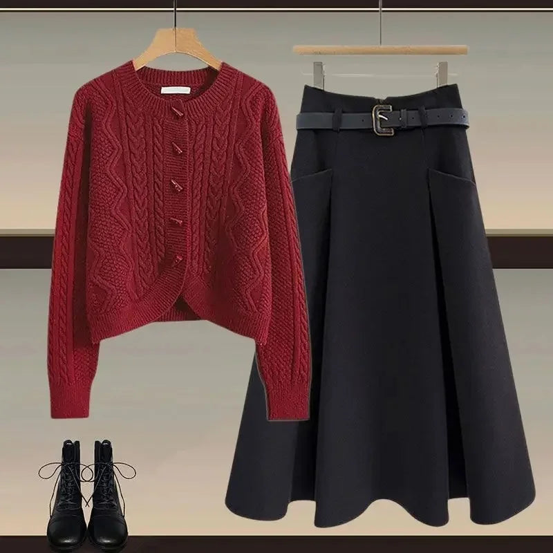 Plus Size Winter Knitted Sweater And Mini Skirt Set for Women Button Design Slimming Top Bottom Piece Outfit Ensemble
