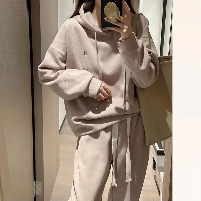 Korean Style Women's Casual Outfit Letter Embroidery Hoodie And Trousers Set Fashionable Spring Autumn Two-Piece Suit