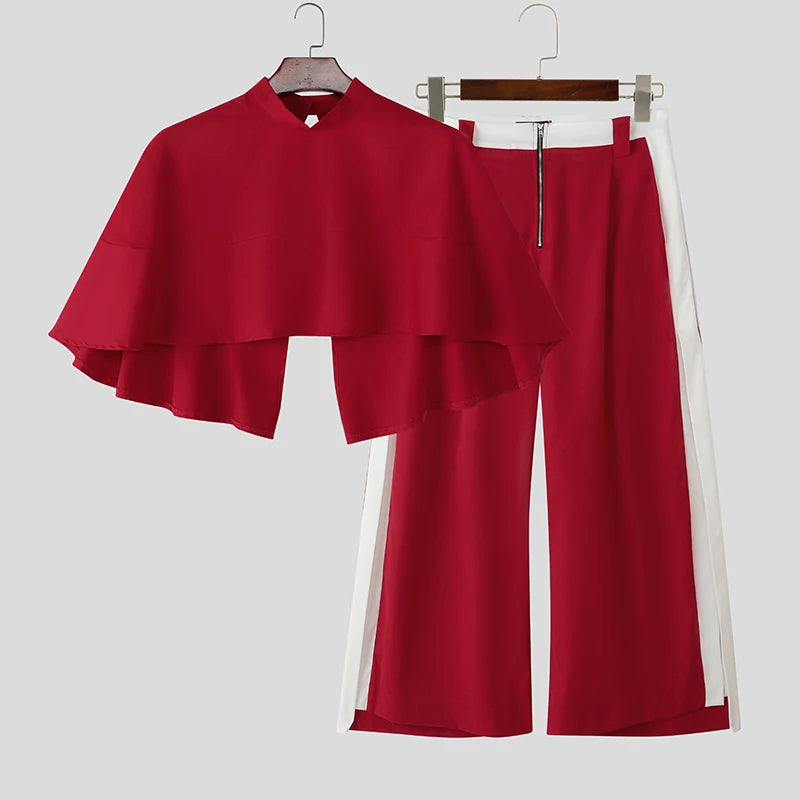 INCERUN Men Sets Patchwork Turtleneck Irregular Crop Shirt Cloak & Wide Leg Pants 2PCS Streetwear Loose Fashion Casual Men Suits