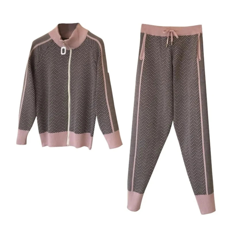 Korean Fashion Pants 2 Piece Set Women Half Turtleneck Knitted Jacket Conjunto Casual Spring Fall Jogger Pantalones Ensemble
