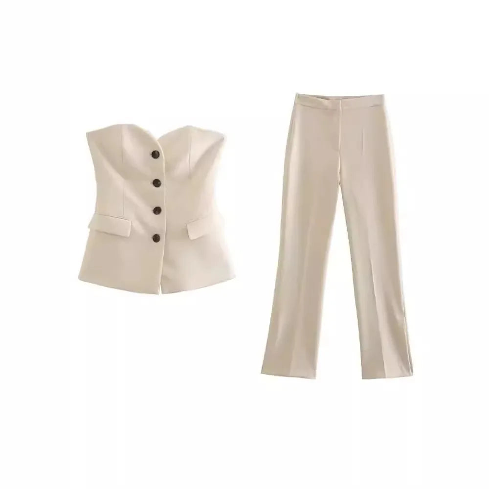 Women 2 Piece Set Strapless Top Sleeveless Straight Pants Outfits Single Breasted Ensemble High Waist Trousers Office Lady Suits