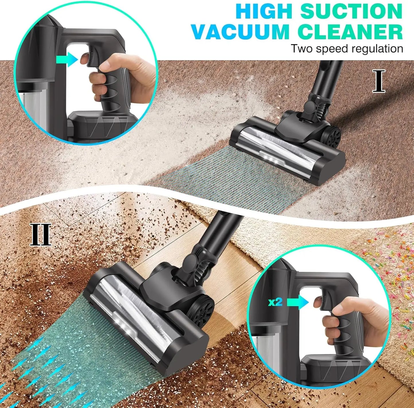 Self-Standing Powerful Stick Cordless Vacuum Cleaner For Hardwood Floor Carpet Pet Hair 60Mins Hand Held Vacuum Cordless Hoover
