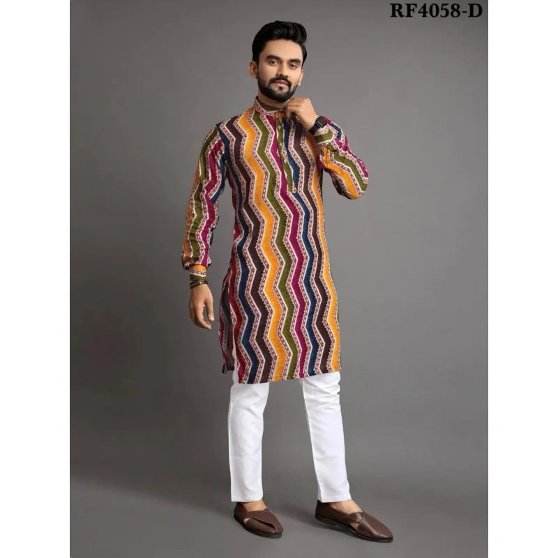 2025 Men Digital Printed Kurta Shirt Regular Fit Mandarin Collar Long Suitable All Occasions Such Wedding Hari Raya Aidilfitri