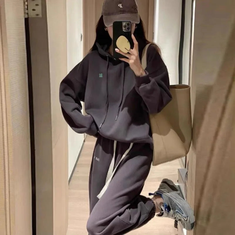 Korean Style Women's Casual Outfit Letter Embroidery Hoodie And Trousers Set Fashionable Spring Autumn Two-Piece Suit