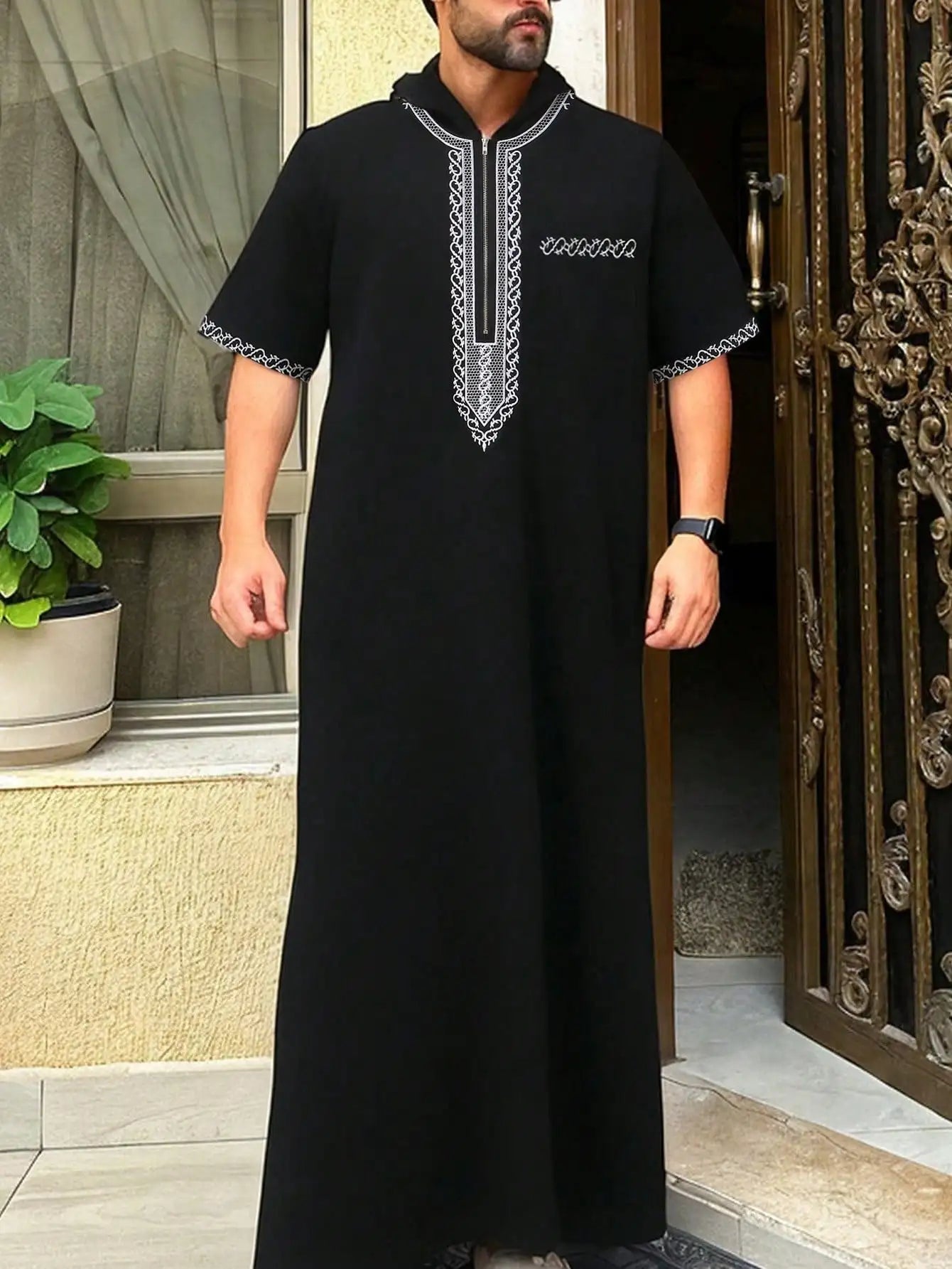 2025Islamic muslim Arabic men's robe long sleeve embroidered stand collar arabian thobe for men