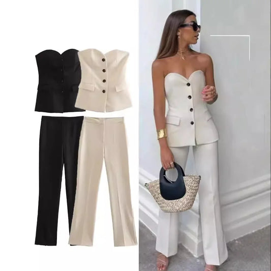 Women 2 Piece Set Strapless Top Sleeveless Straight Pants Outfits Single Breasted Ensemble High Waist Trousers Office Lady Suits