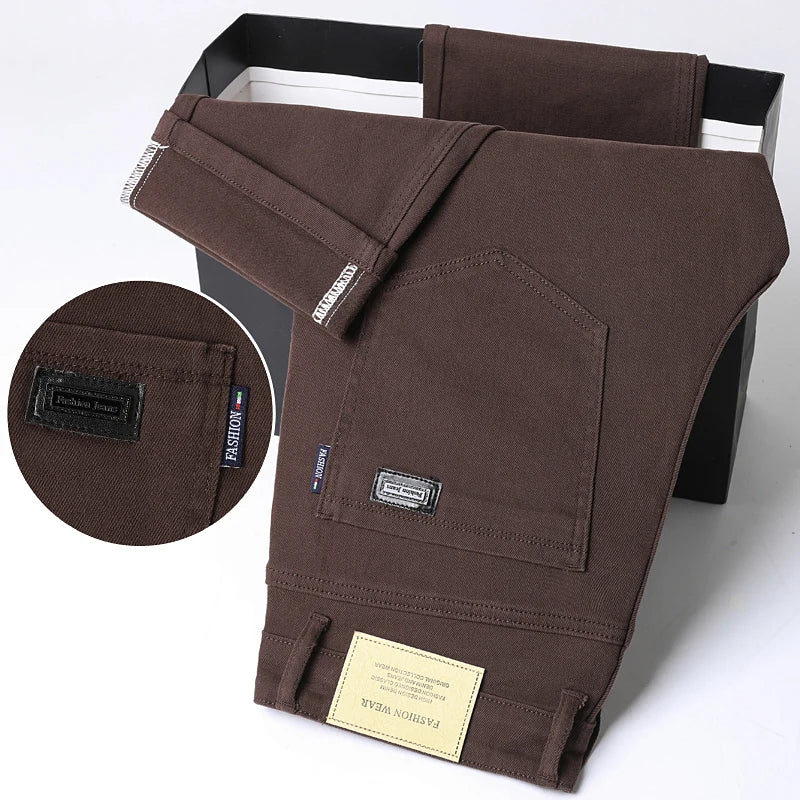 Wine Red Jeans Men Fashion Casual Classic Style Business Straight Slim Fit Trousers Male Advanced Pants 6 Colors Plus Size 28-44