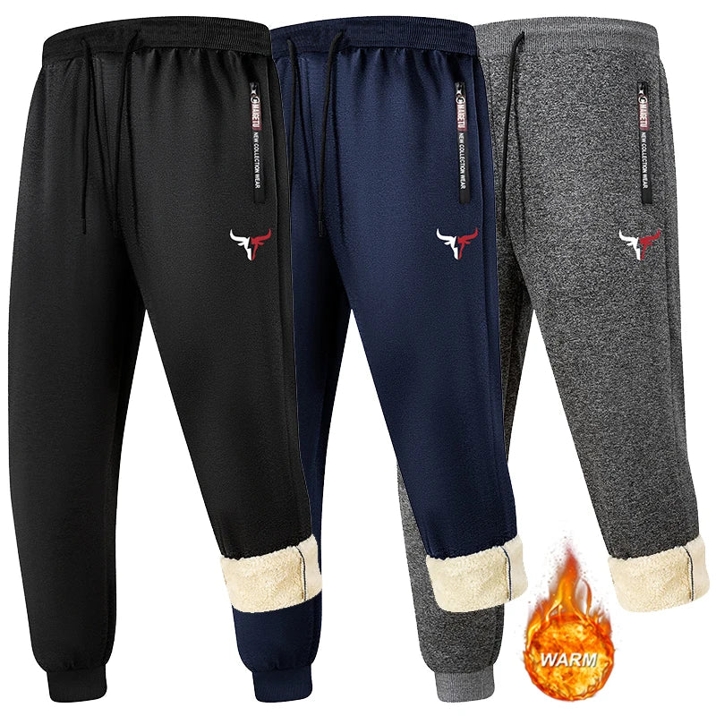Bull Print Sherpa Fleece Lined Sweatpants for Men Winter Thermal Plush Joggers Pants with Zipper Pockets Casual Cozy Trousers