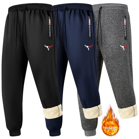 Bull Print Sherpa Fleece Lined Sweatpants for Men Winter Thermal Plush Joggers Pants with Zipper Pockets Casual Cozy Trousers