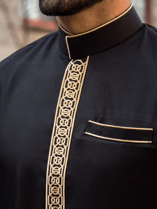 2025Islamic muslim Arabic men's robe long sleeve embroidered stand collar arabian thobe for men
