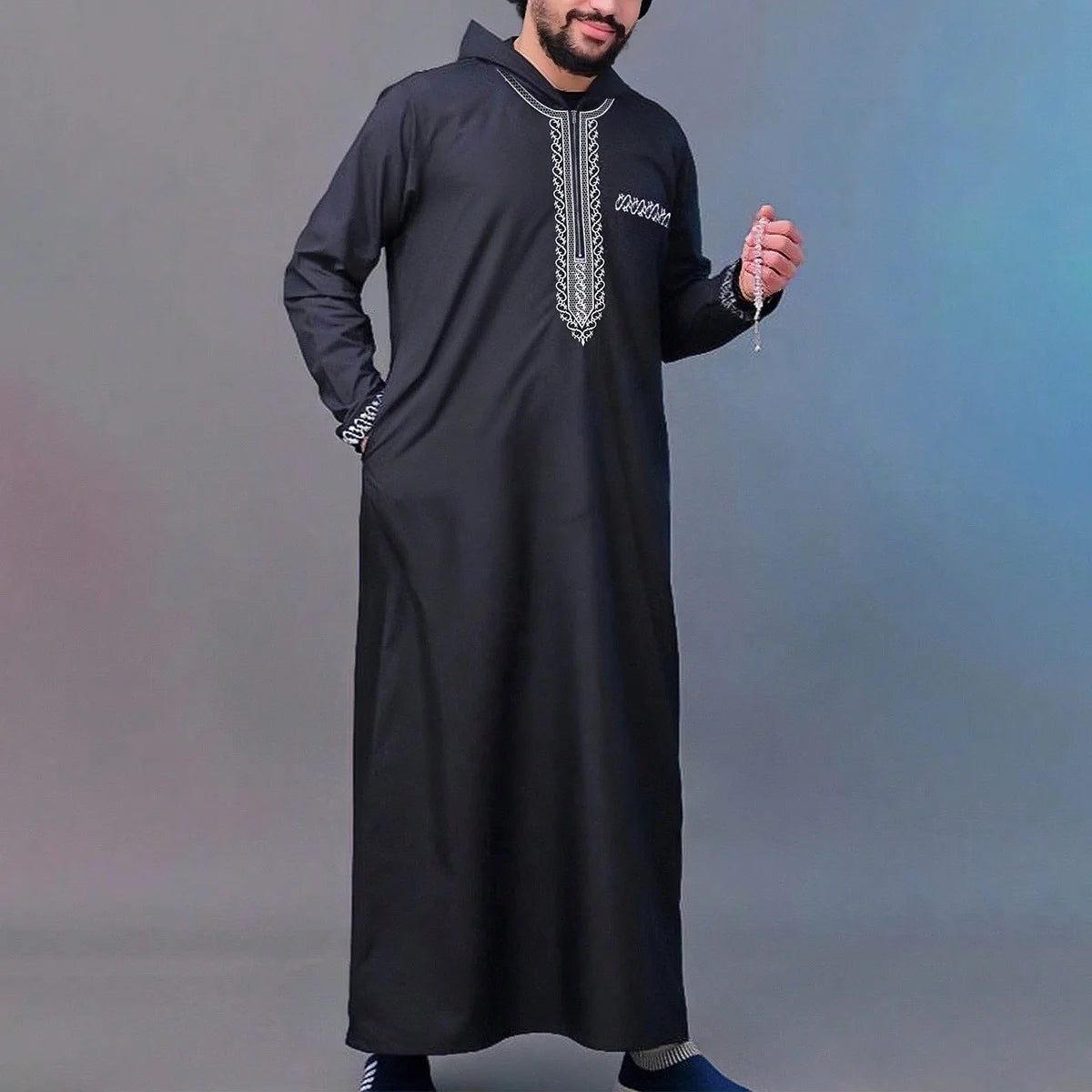 2025Islamic muslim Arabic men's robe long sleeve embroidered stand collar arabian thobe for men