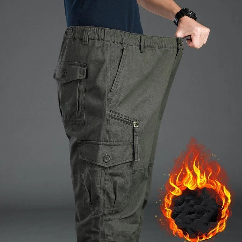 Winter Cargo Fleece Pants Men Thick Warm Straight Trousers Casual Multi Pockets Wear Resistant Baggy Tactical Cotton Work Pants
