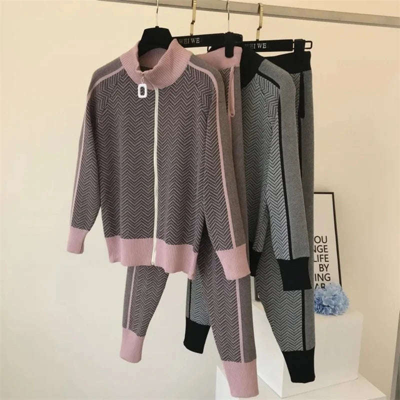 Korean Fashion Pants 2 Piece Set Women Half Turtleneck Knitted Jacket Conjunto Casual Spring Fall Jogger Pantalones Ensemble