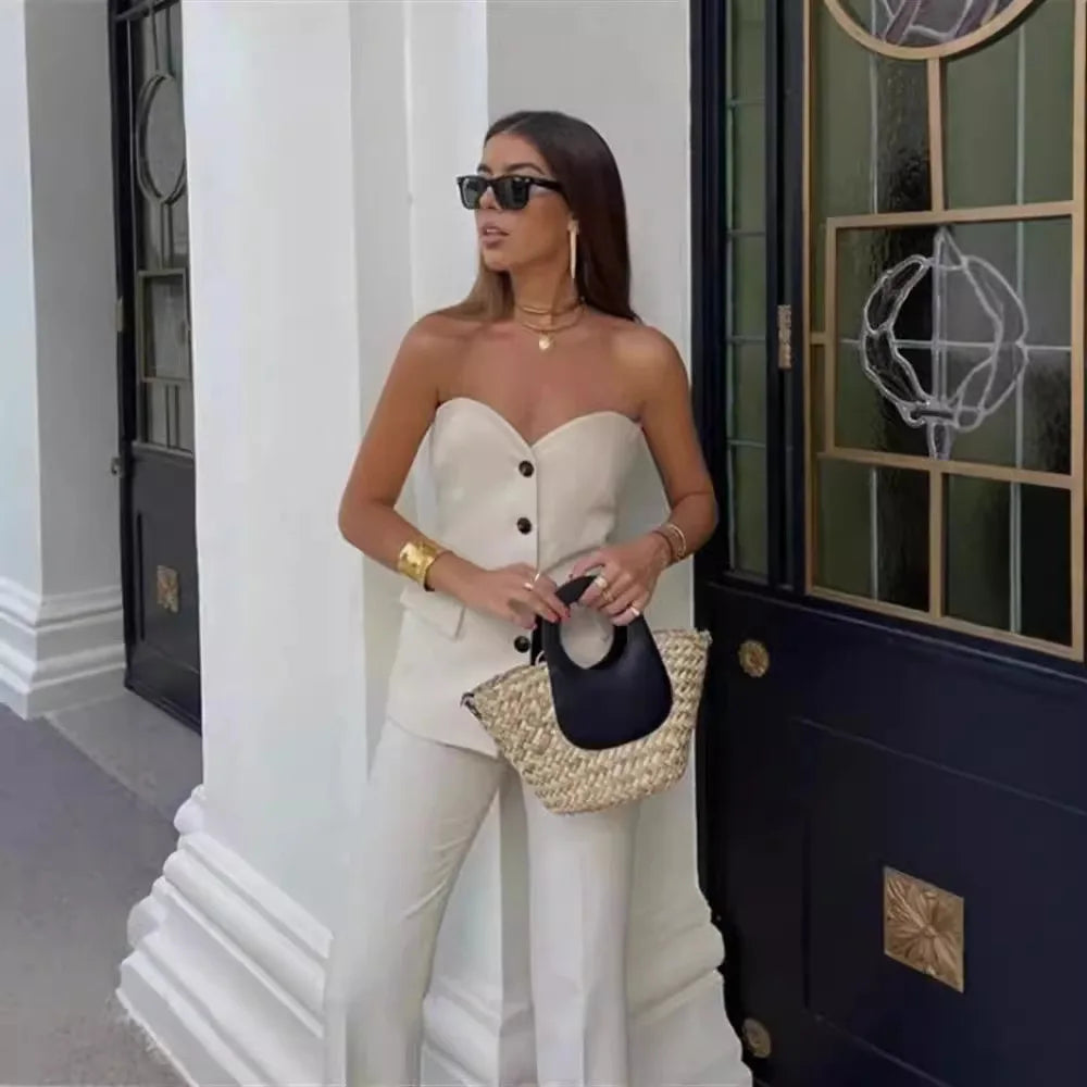 Women 2 Piece Set Strapless Top Sleeveless Straight Pants Outfits Single Breasted Ensemble High Waist Trousers Office Lady Suits