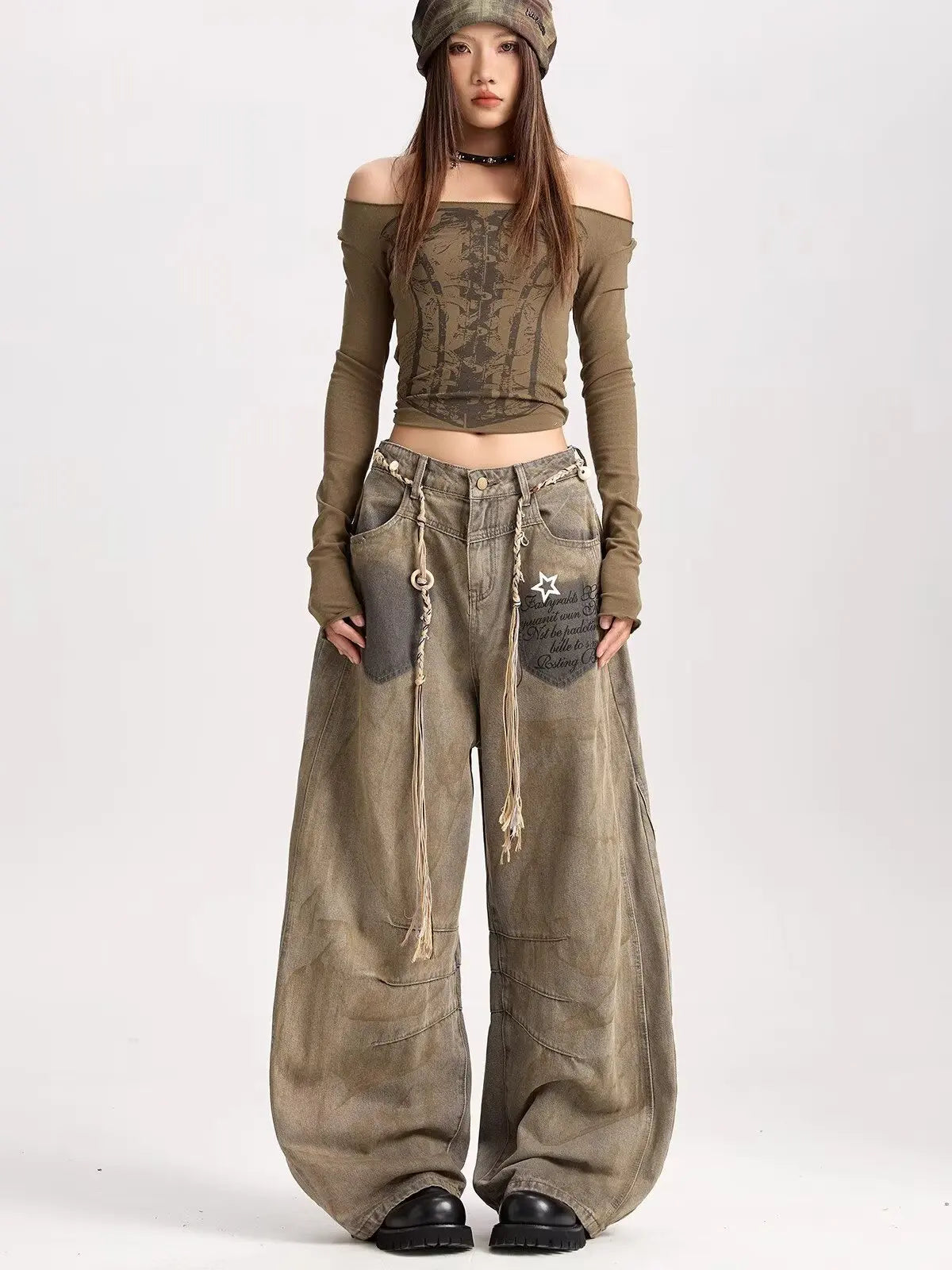 American retro new versatile silhouette curved jeans suitable for both men and women Y2k trendy Harajuku wide leg loose pants